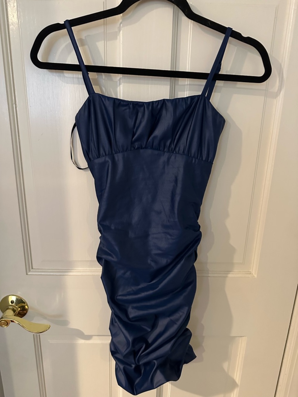 Katie J NYC Navy Blue Satin Ruched Spaghetti Strap Dress. Size XL